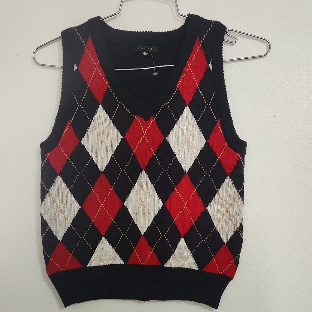 Love Tree Argyle Sweater Vest - Red, Black, White